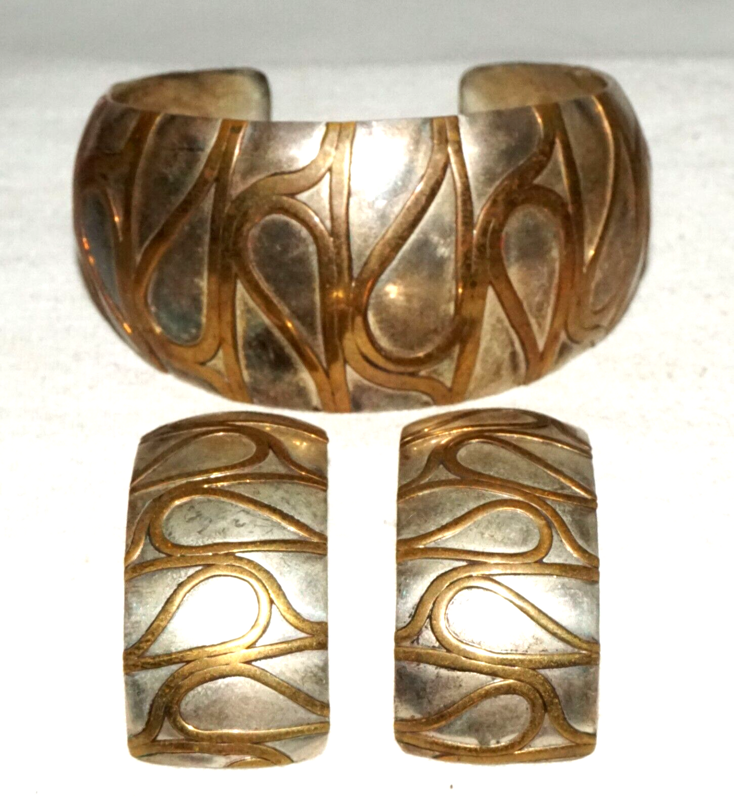 3Pc Vintage Silver & Brass Curvilinear Motif Cuff Bracelet & Earring by GM (KiL)