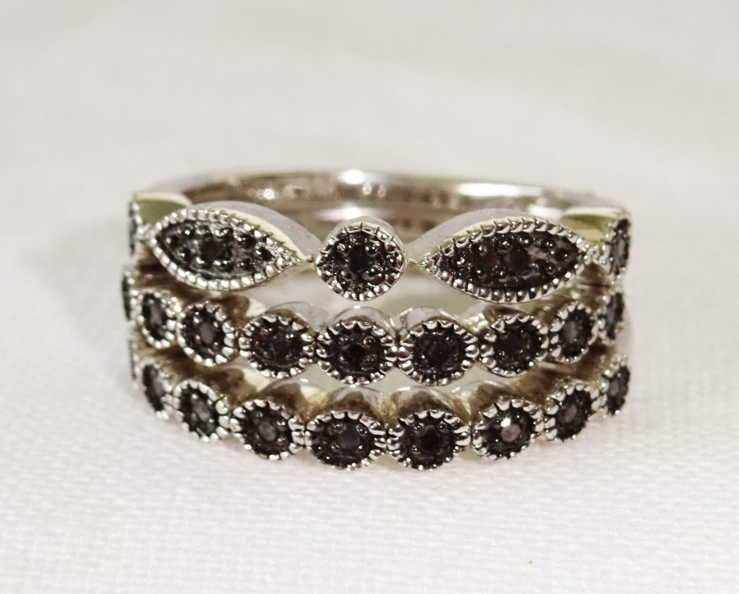 3x Vintage Sterling Silver Rings Sz 5.25 set w. Black Diamonds (Ng)