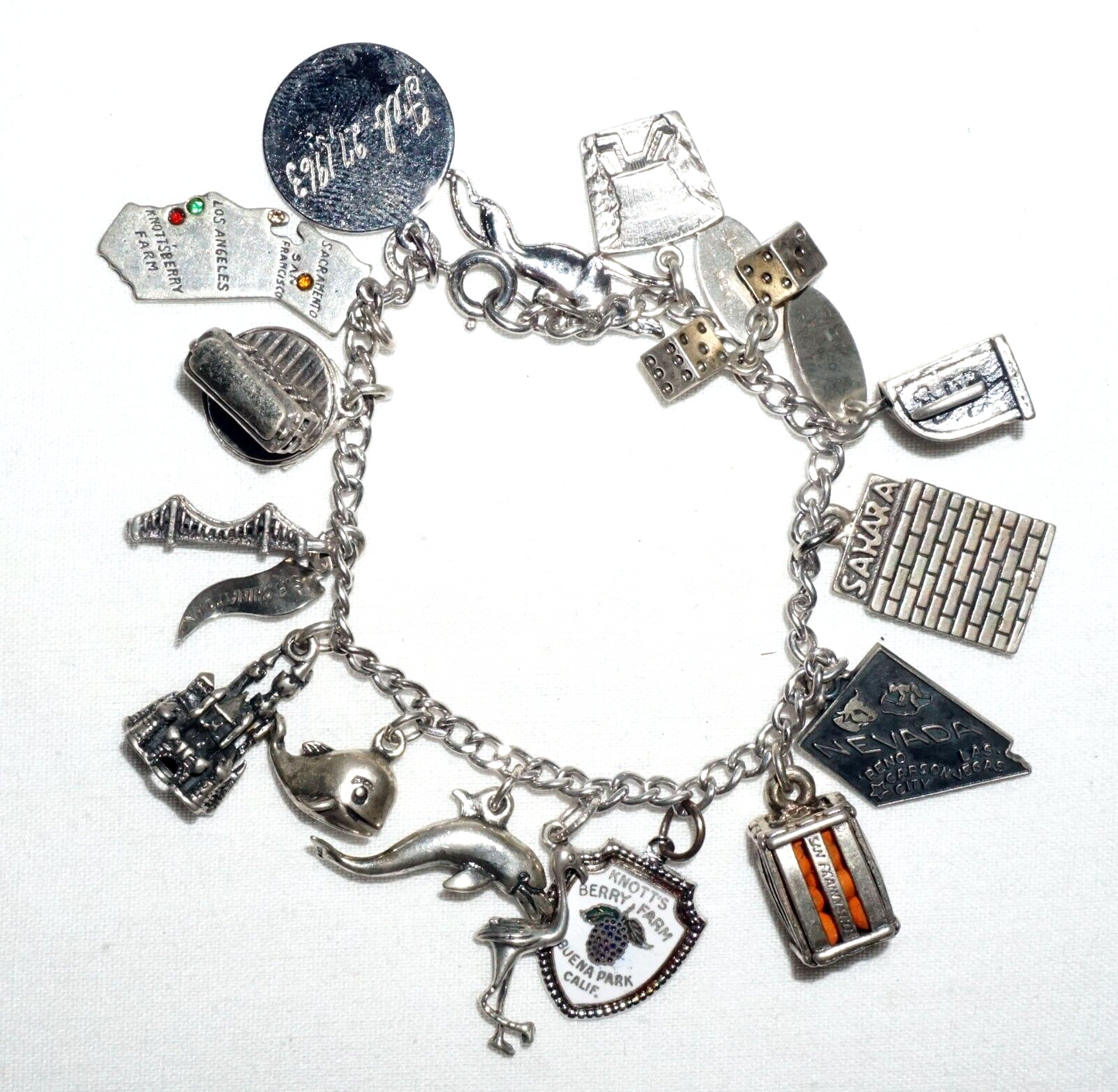 Vintage Sterling Silver Charm Bracelet w. 16x Travel & City Charms (BrM)#6