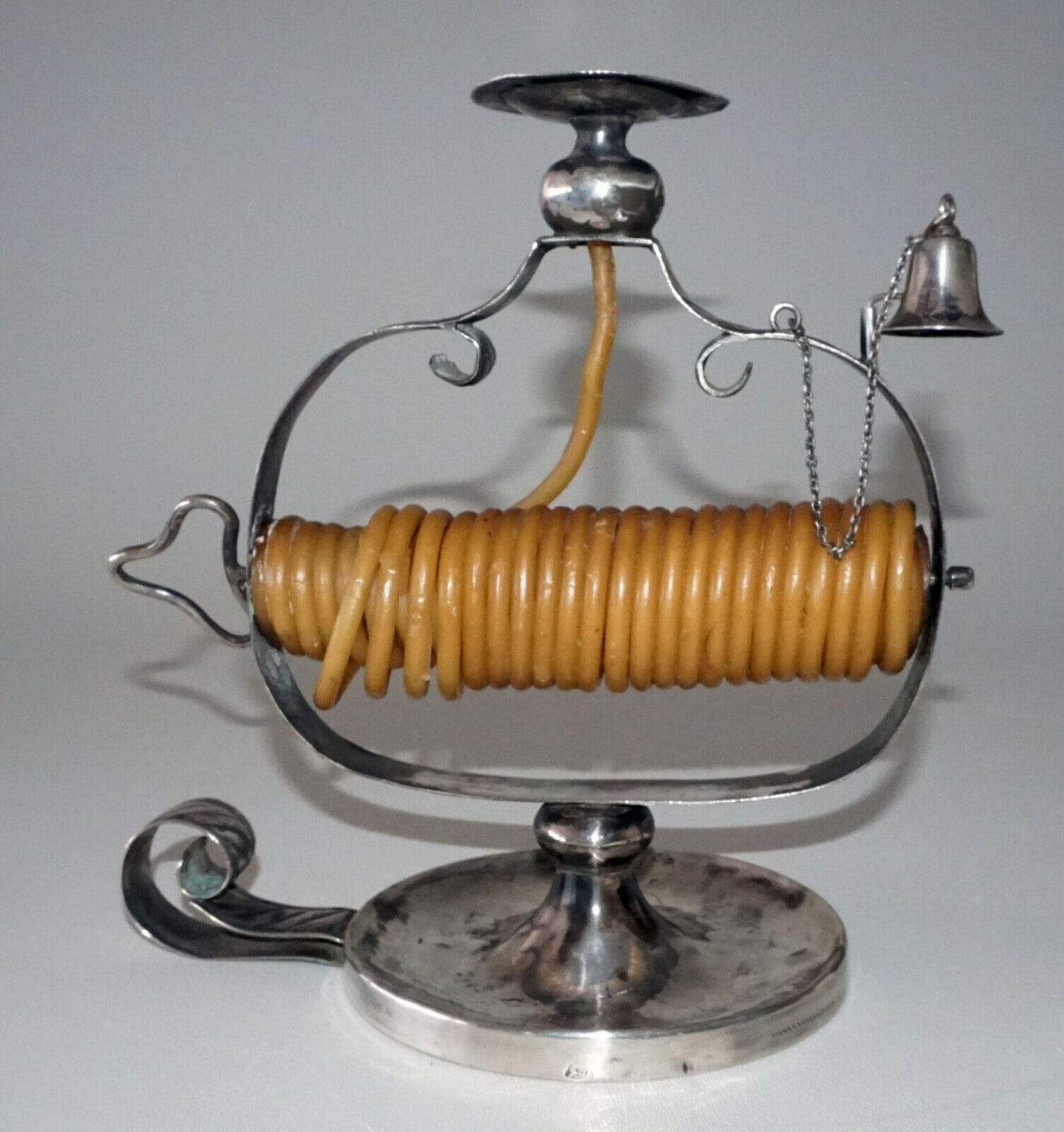 18C Spanish Silver Candle Stand Wax Jack w. Bell and illegible Hallmarks (MoW)