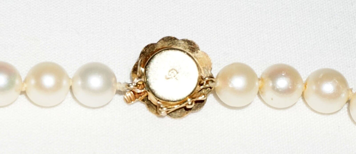 Vintage Single Strand Pearl Necklace 31" w 14k Yellow Gold Flower Clasp (BiB)