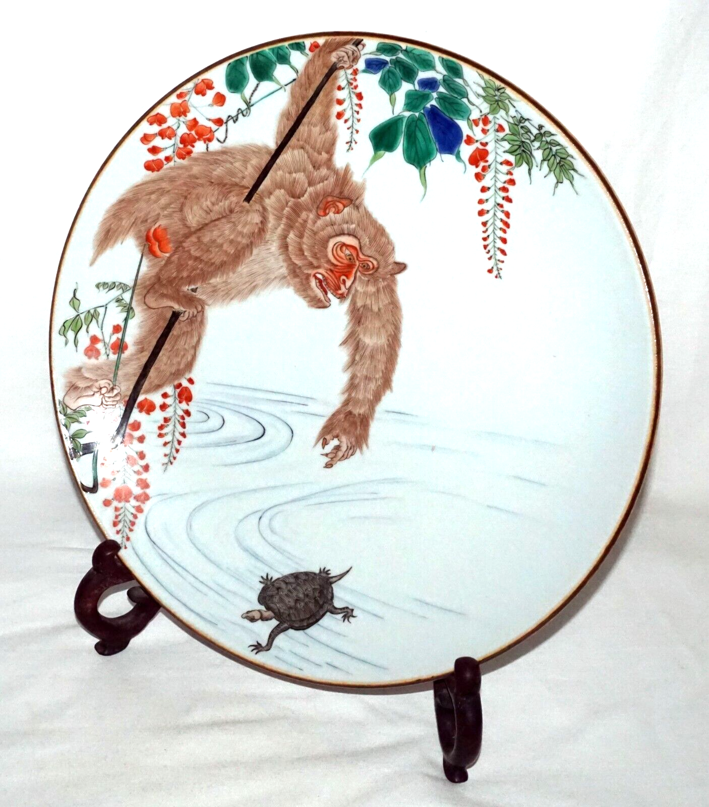 Japanese Meiji Kutani Ware Large Porcelain Plate w Monkey & Hairy Tortoise (FeH)