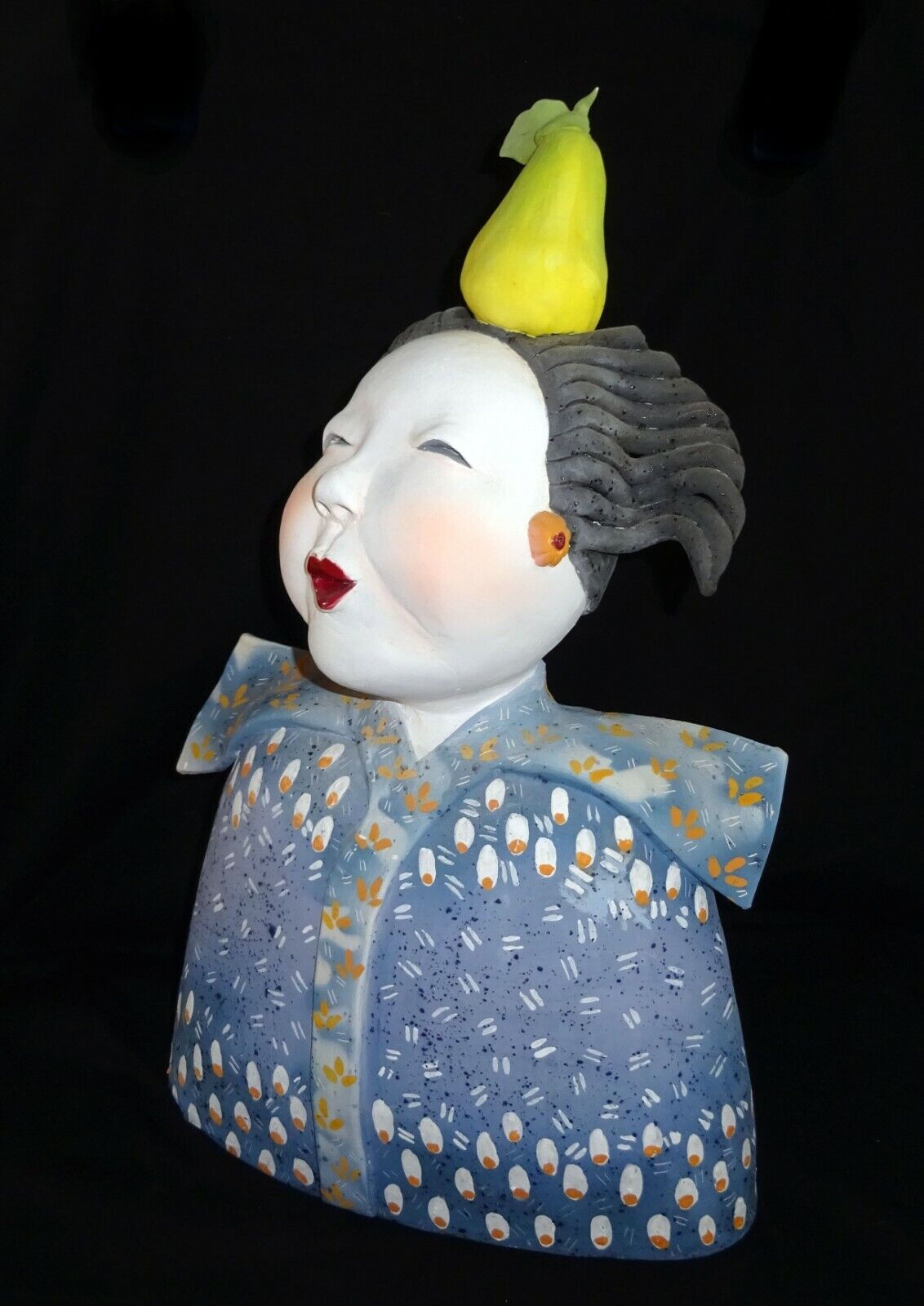 Hawaii Whimsical Pottery Sculpture "Balancing Act w. Pear" by Vicky Chock (Z)