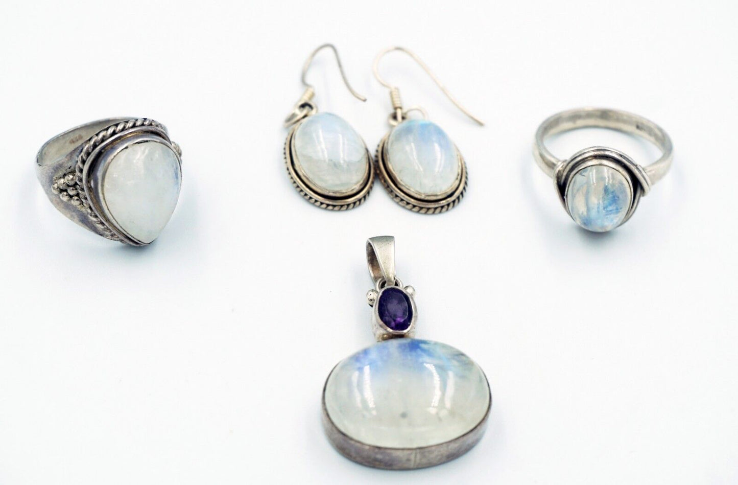 5Pc Sterling Silver & Moonstone Rings Sz.8, Pendant & Earring Mixed Group (Tra)