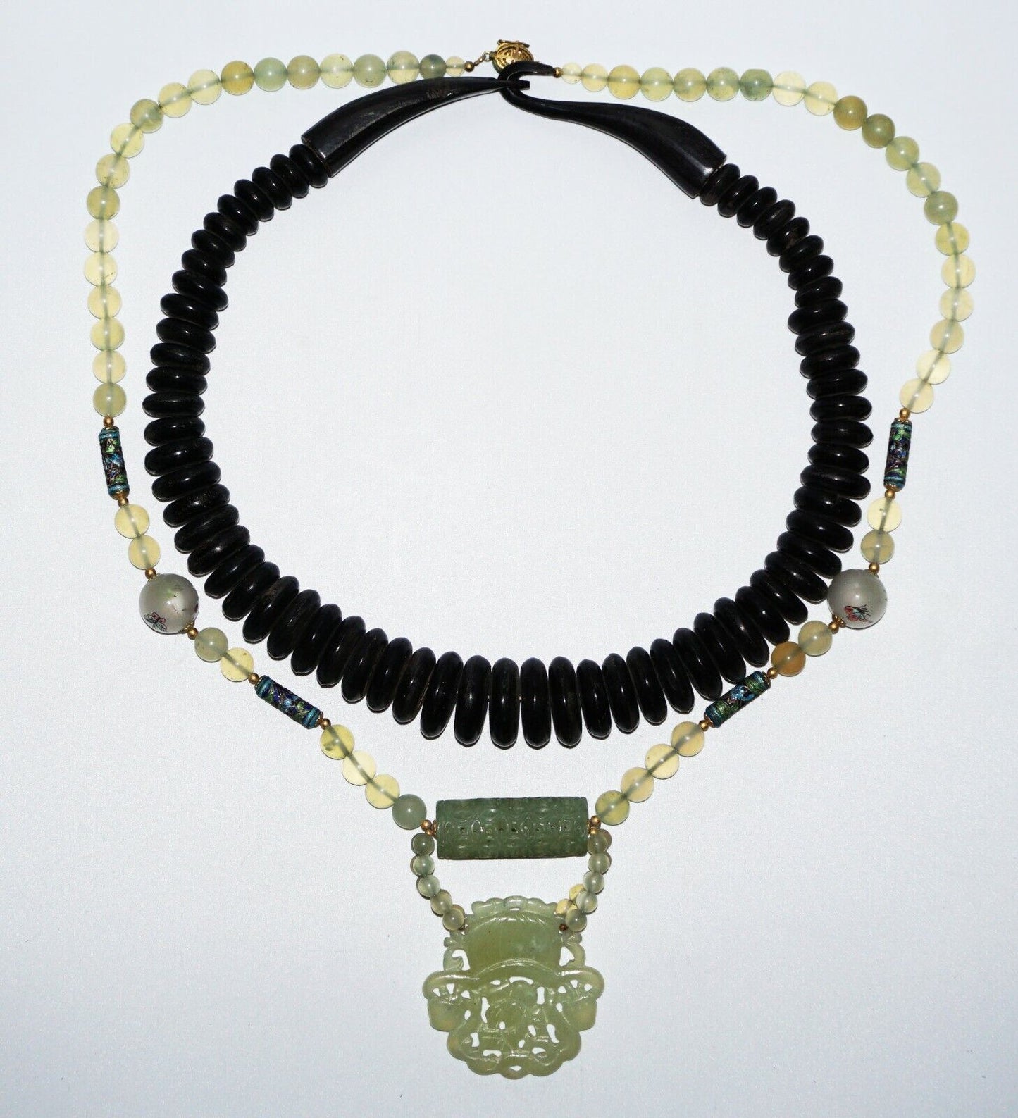 2x Vintage Chinese Horn & Hard-stone & Glass Bead Necklace w. Pendant (NoN)C2