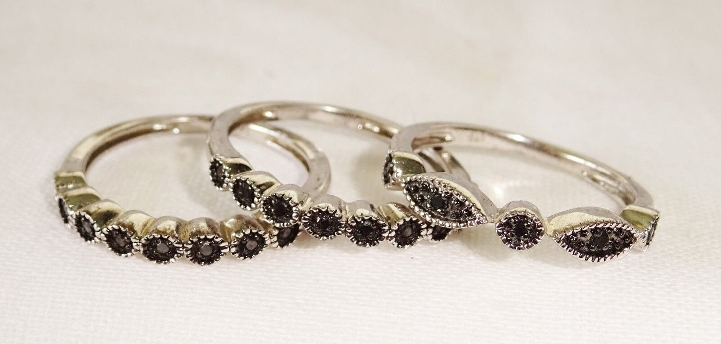 3x Vintage Sterling Silver Rings Sz 5.25 set w. Black Diamonds (Ng)