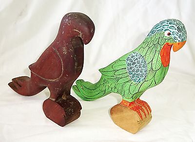 2x 1980s Haitian Wooden Parrot Bird Carvings Sculptures (Stea)