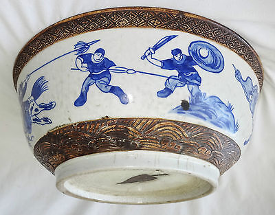 EARLY 20CT CHINESE BLUE & WHITE LG STONE WARE BOWL w. WARRIOR MOTIFS (BTG)