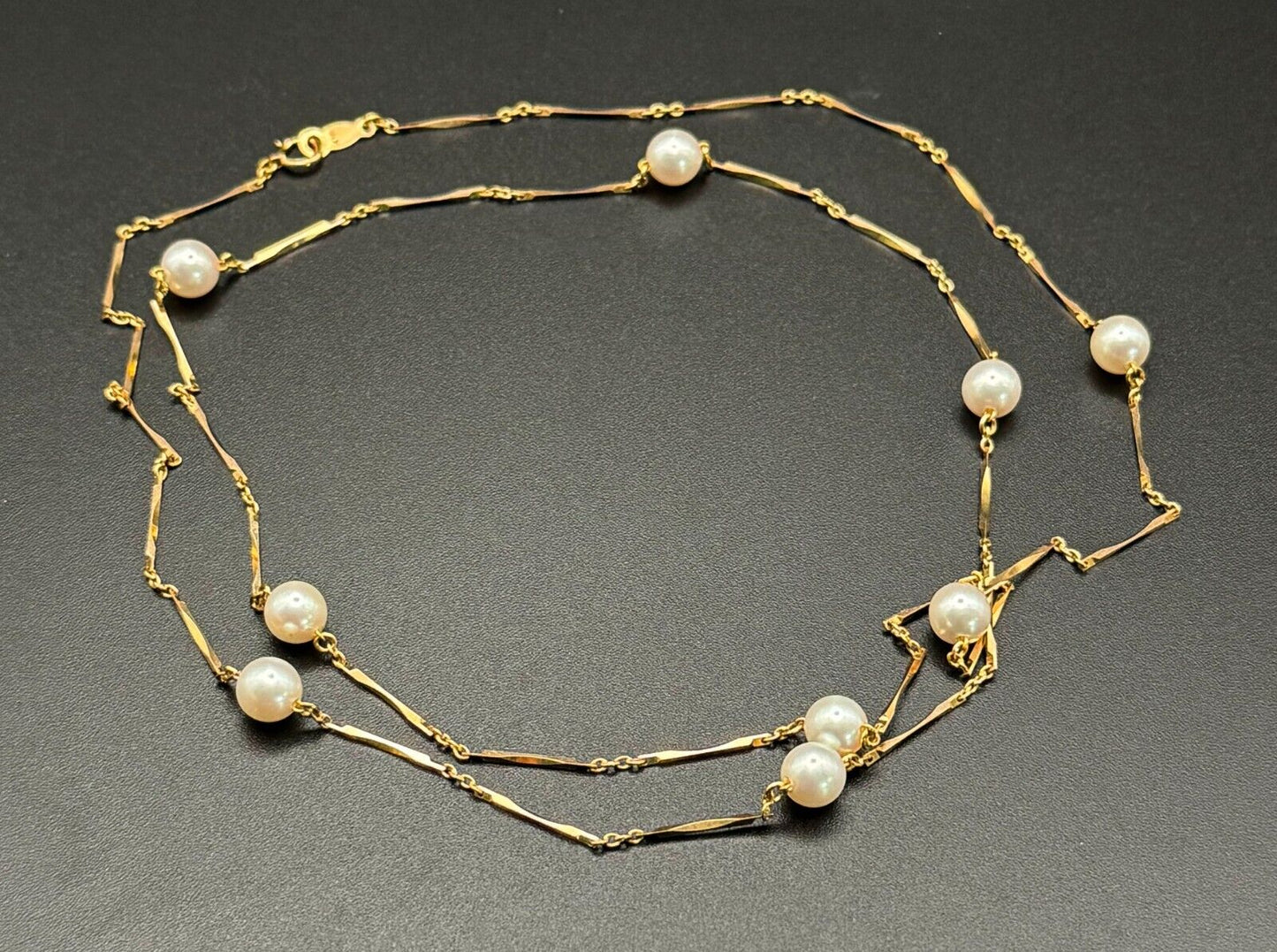 18k Yellow Gold & Bar & Bead Pearl Necklace 31" w Spring Ring Clasp (MeK)