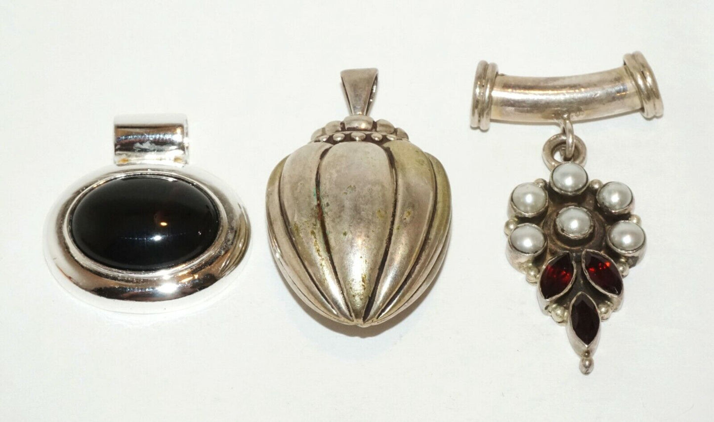 3Pc Vintage Sterling Silver Pendant Lot w. Garnets, Pearls & Onyx (HaL)#16