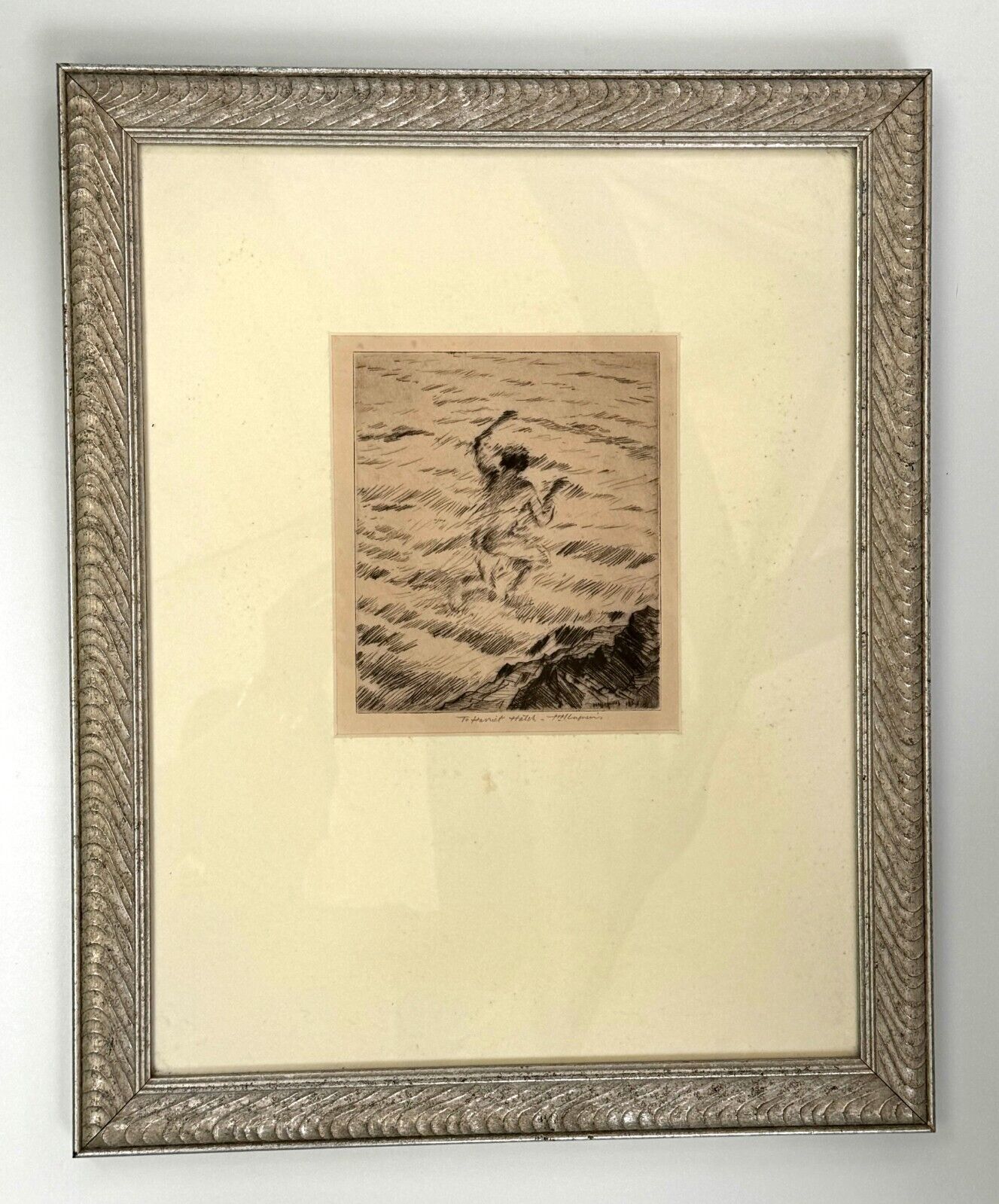1921 Etching of a Man Swimming by Huc Mazelet Luquiens (KuK)