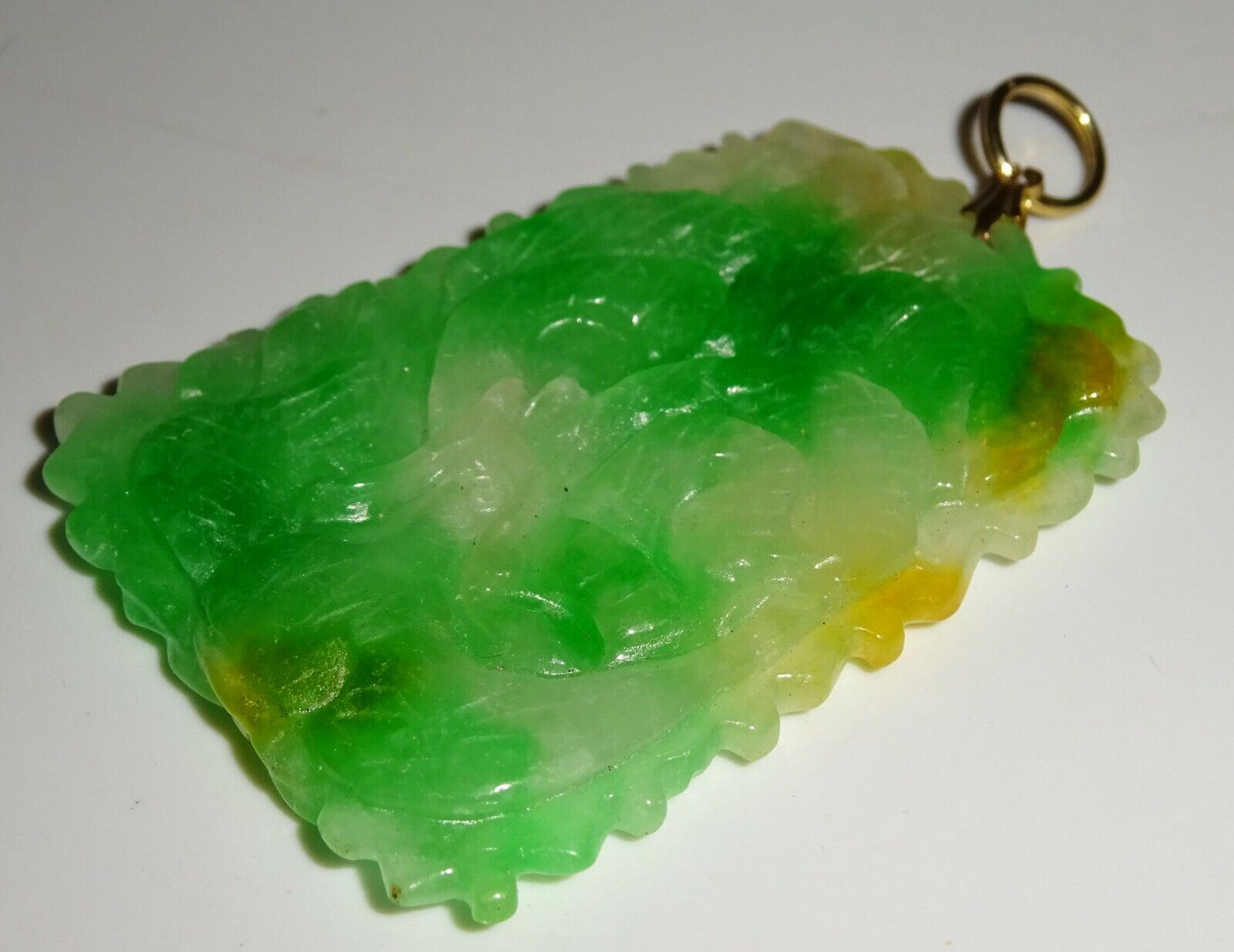 Chinese Jadeite Jade Plaque Pendant w. Writhing Dragon & Pearl Motif (LuD)