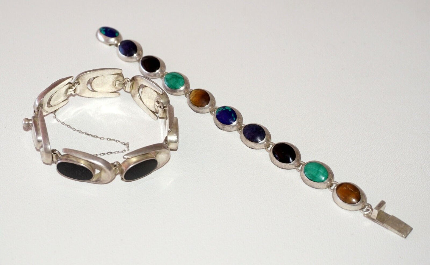 2Pc Modernist Sterling Silver Bracelets Onyx Turquoise Lapis Tigereye (NoN)B20