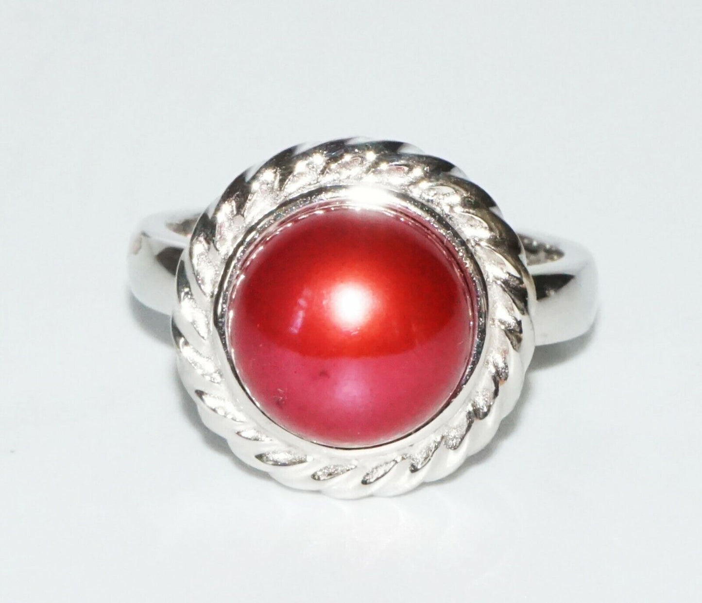 4Pc Sterling Silver & Red Pearl Necklace Ring Sz.8 & Pair Earrings Set (SaR)#441