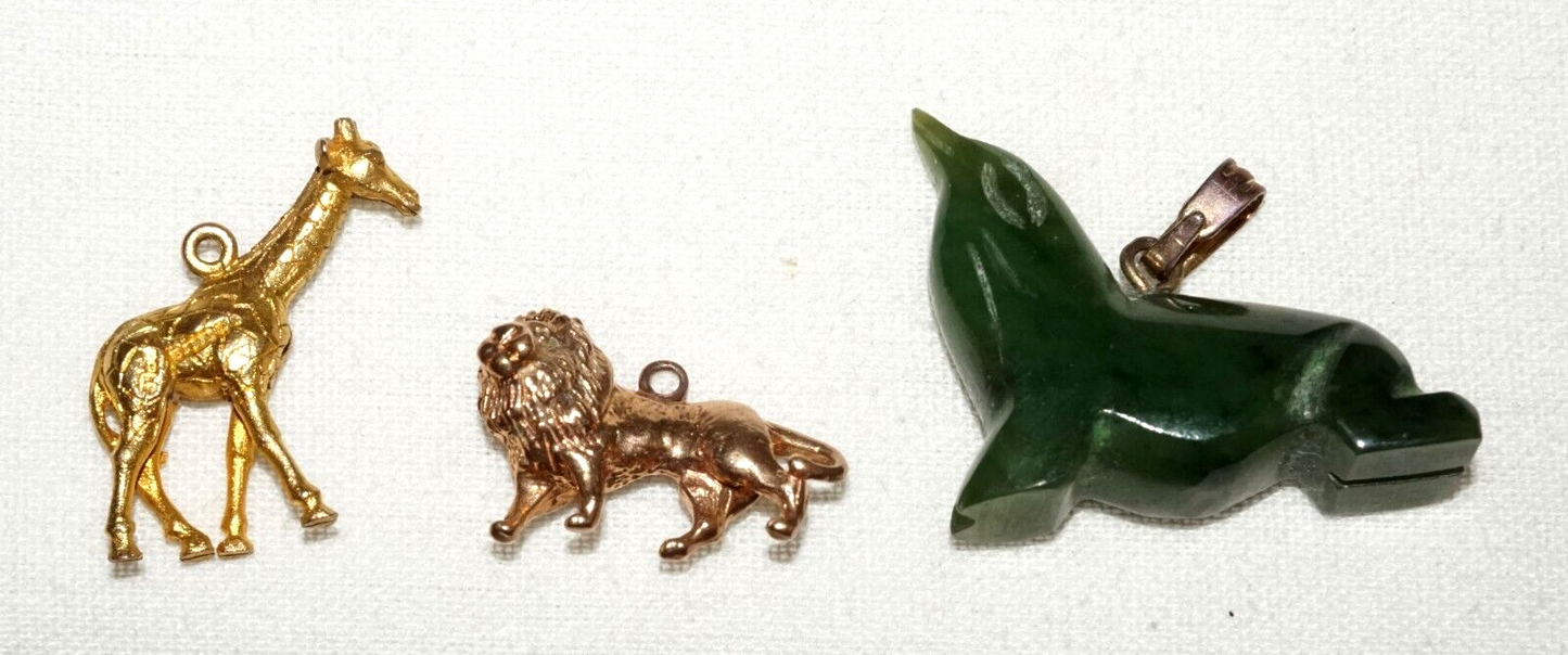 3Pc US UK 9k/14k Gold & Jade Animal Charms Giraffe, Lion, Sea Lion (KoS) L23