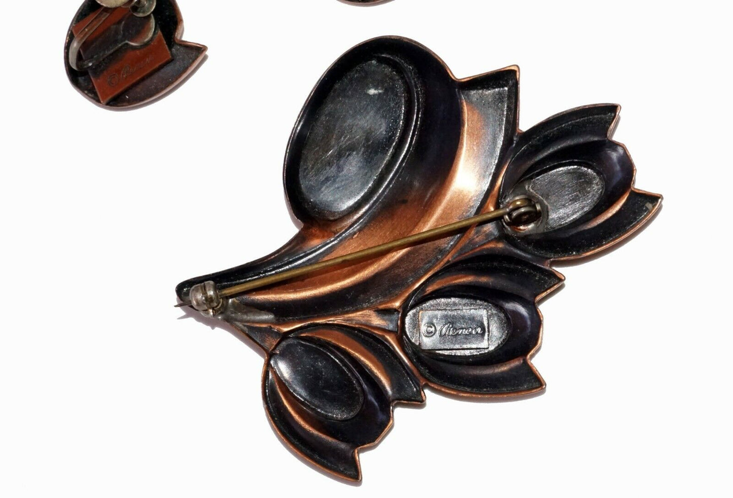 3Pc1950s Copper Tulip Motif Brooch Pin & Ear Clips Set by Renoir (Hod)