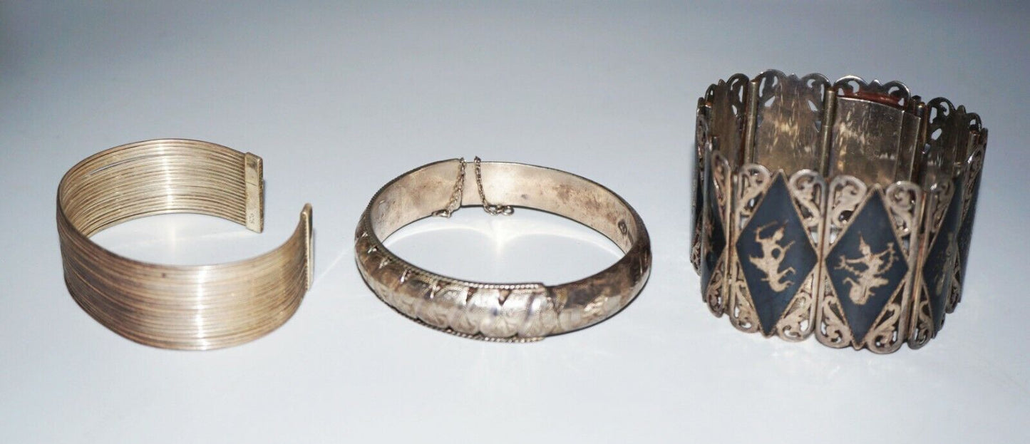 3x Sterling Silver Niello Ware Bracelet & Cuff & Hinged Bangle Mix Lot (NoN)BN8
