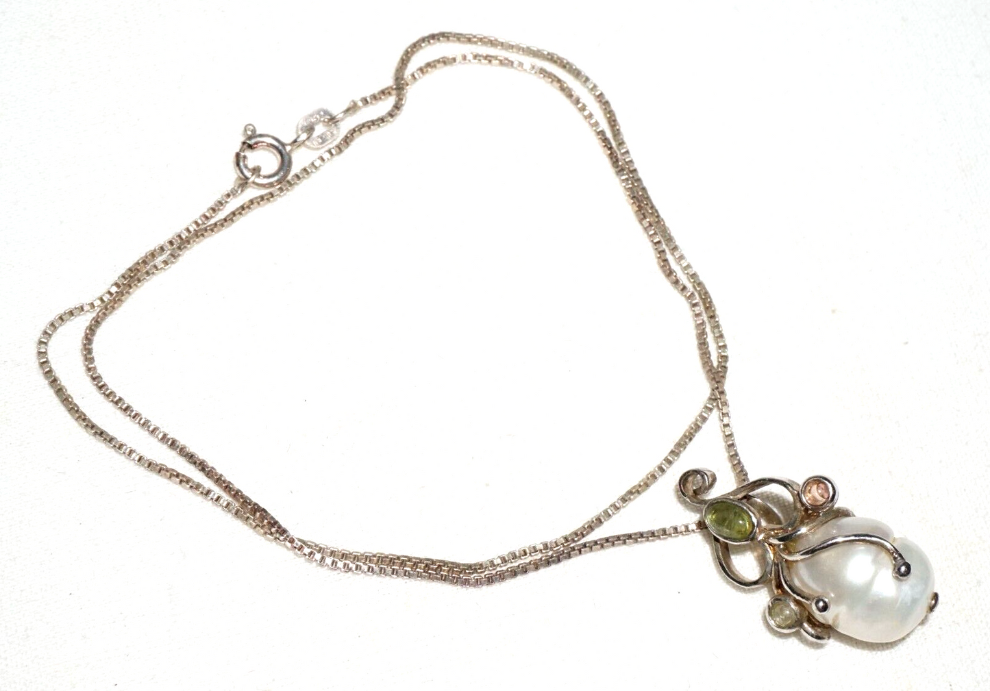 Vtg Sterling Silver Choker Necklace w. Silver & Pearl & Tourmaline Pendant (---)