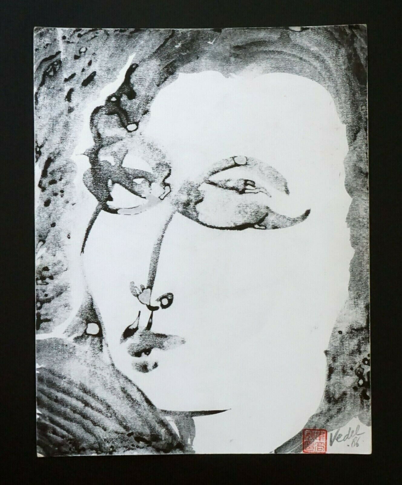 France Hawaii Outsider Art Ink Wash Painting Portrait by Claude Vedel (EtJ)#32