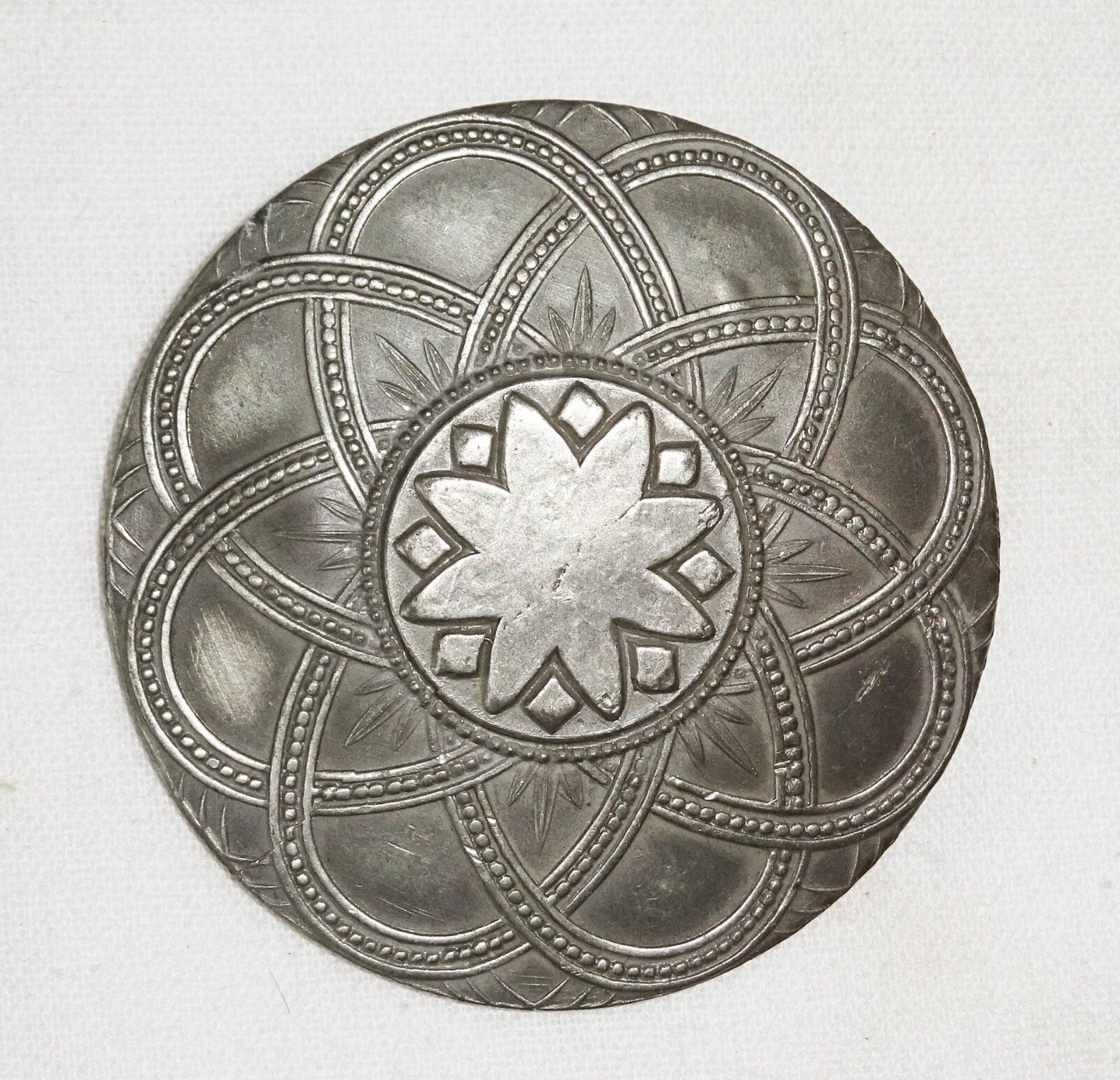 Vintage Norway Pewter Circular Brooch Pin w. Star & Curvilinear Motifs (***)