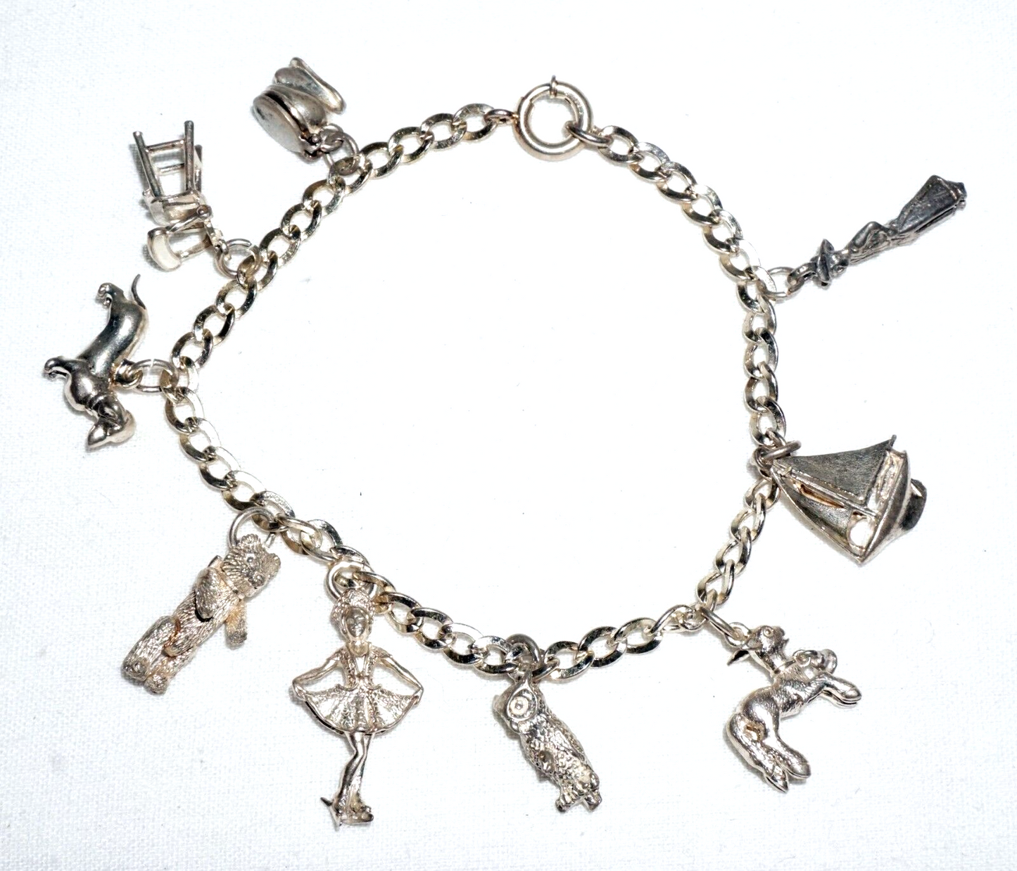 Vintage Sterling Silver Charm Bracelet w. 9x Charms Ballerina Wiener Dog (BrM)#6