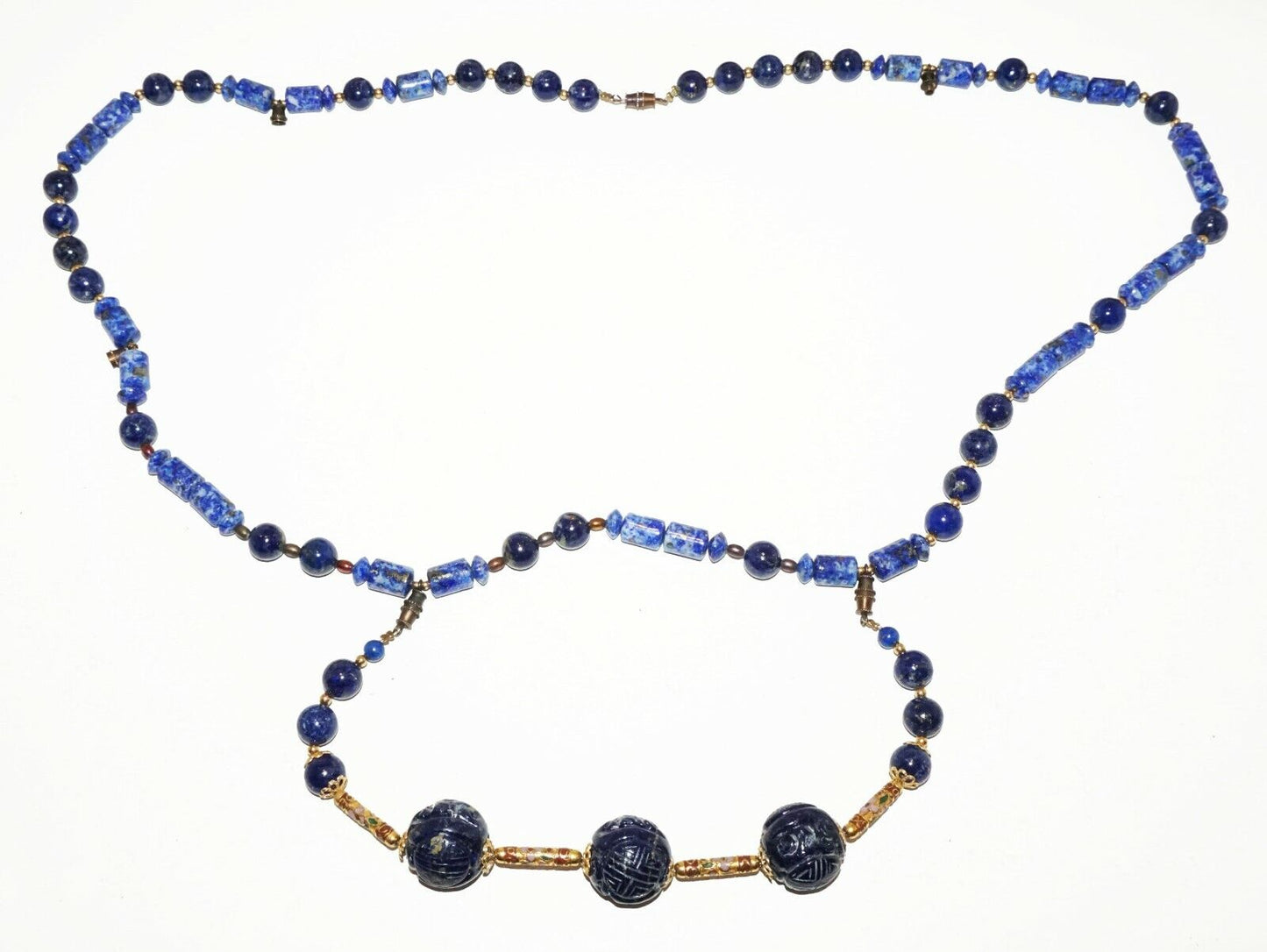 Chinese Lapis Lazuli Bead Necklace & Bracelet w. Plain & Carved Beads (HaY)#19