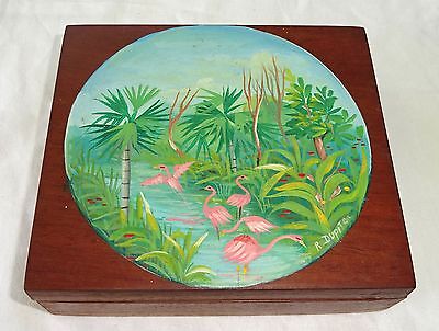 1980s Haitian Mahogany Covered Box w Painted Pelican Motif by R. Dupiton (Stea)