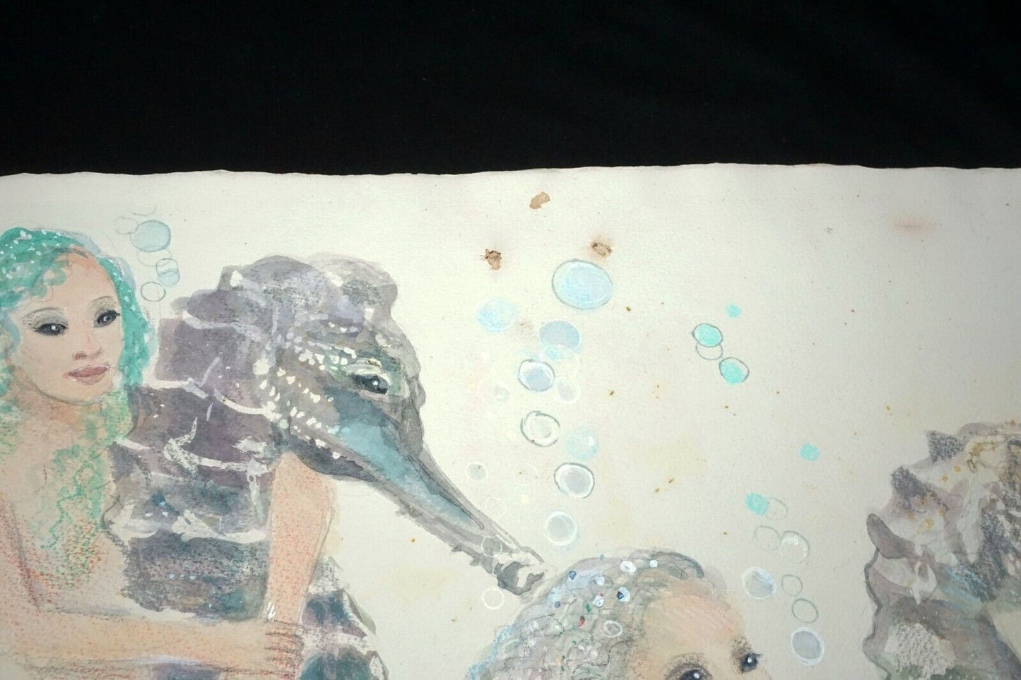 1997 Hawaii Mixed Media Collage Painting Mermaids & Seahorses by Sherburne (Mod)