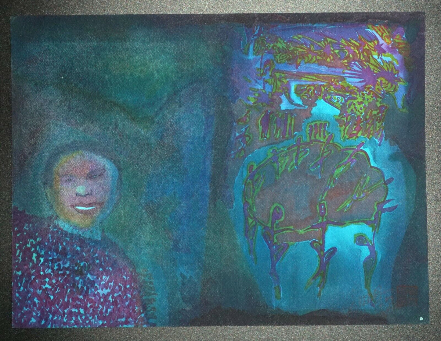 France Hawaii Outsider Art WC Painting Dark Figure & Dance Claude Vedel (EtJ)#14