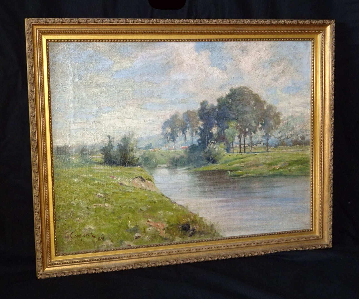 1891 Colorado Oil Painting "River Landscape" by Alexis Comparet 1856-1906 (Leh)