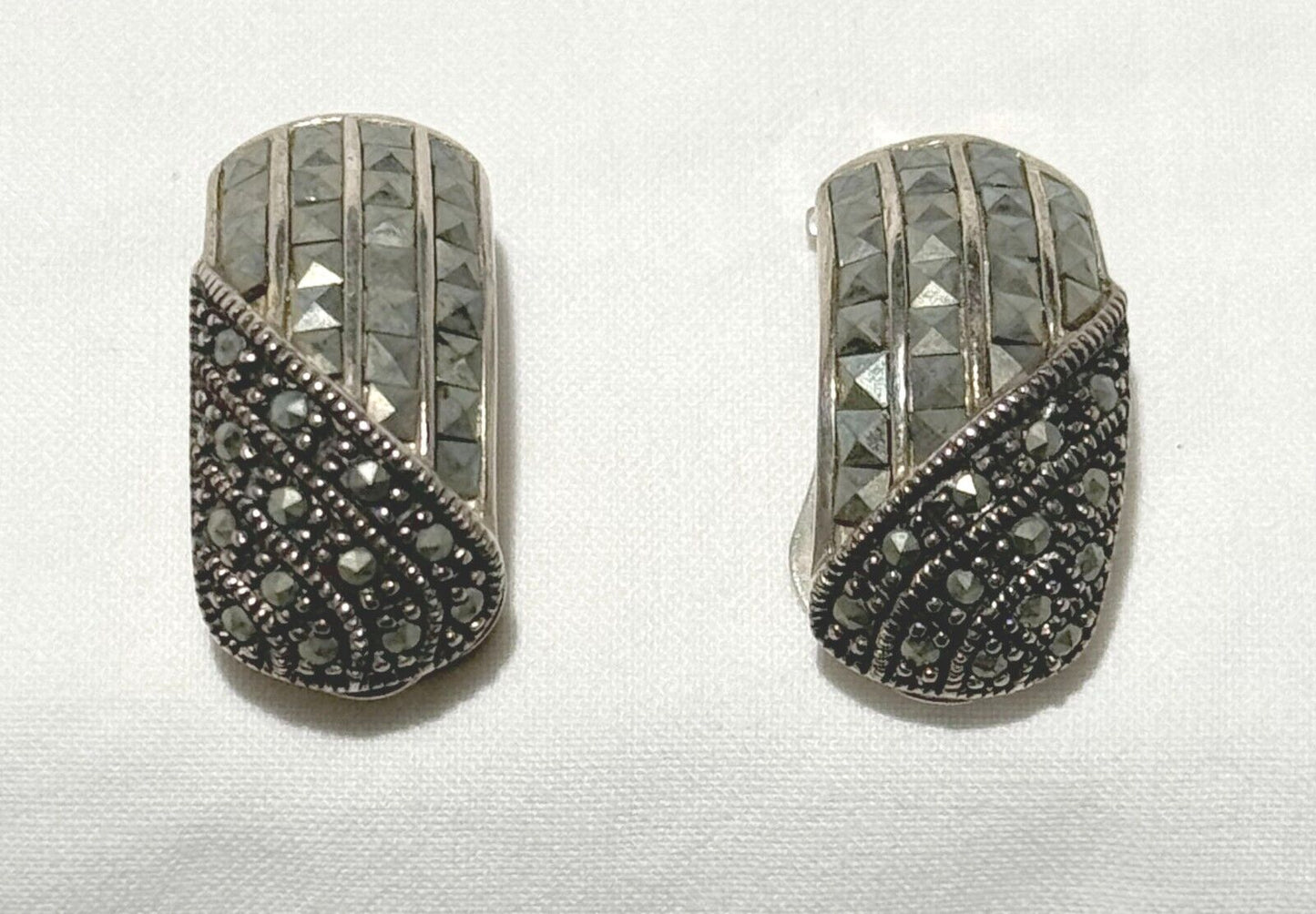 Vtg Sterling Silver Marcasite Non Pierce Earrings Marked 925 (KiL)21