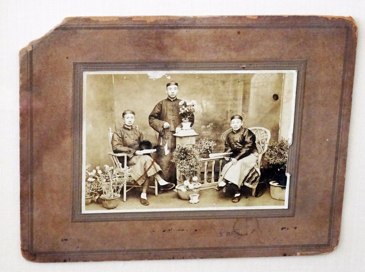 1900 Chinese Framed B&W Photo "Three Brothers in Robes" by unmarked (Mil) #7805