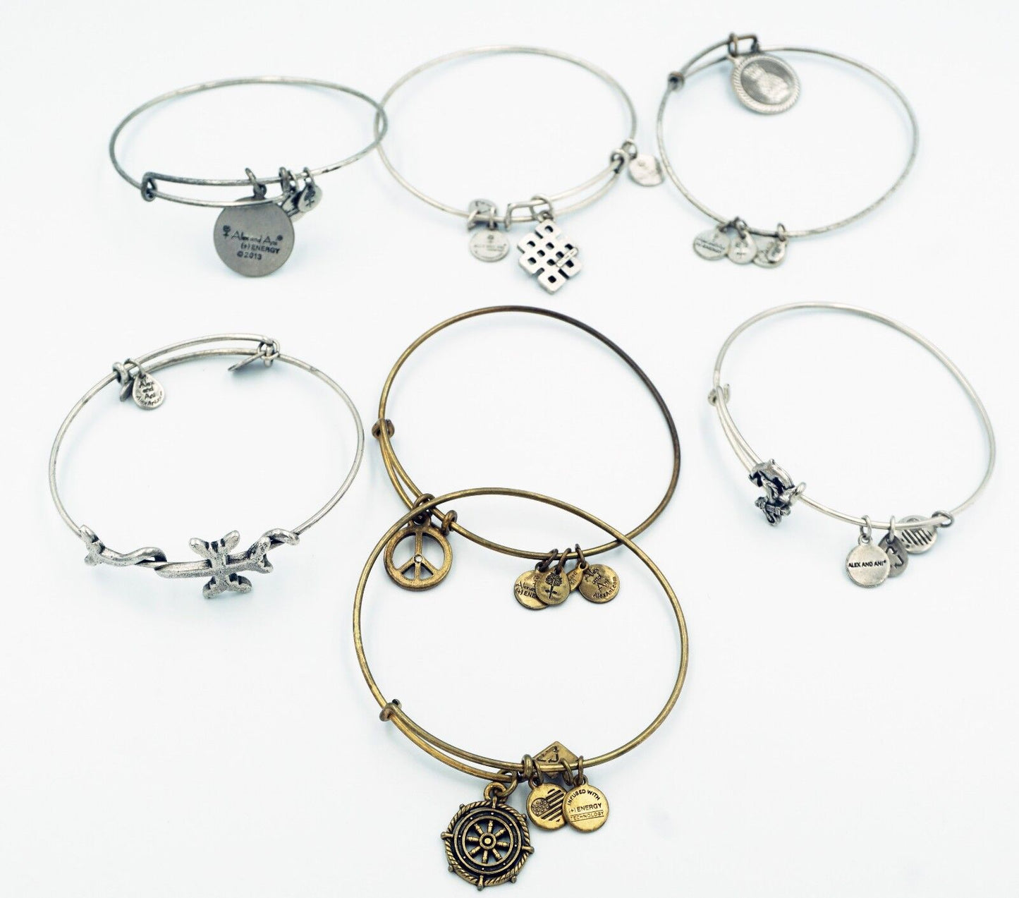 7x Alex and Ani Brand Mixed Lot Adjustable Bracelets w. Cross & Peace (Tra)