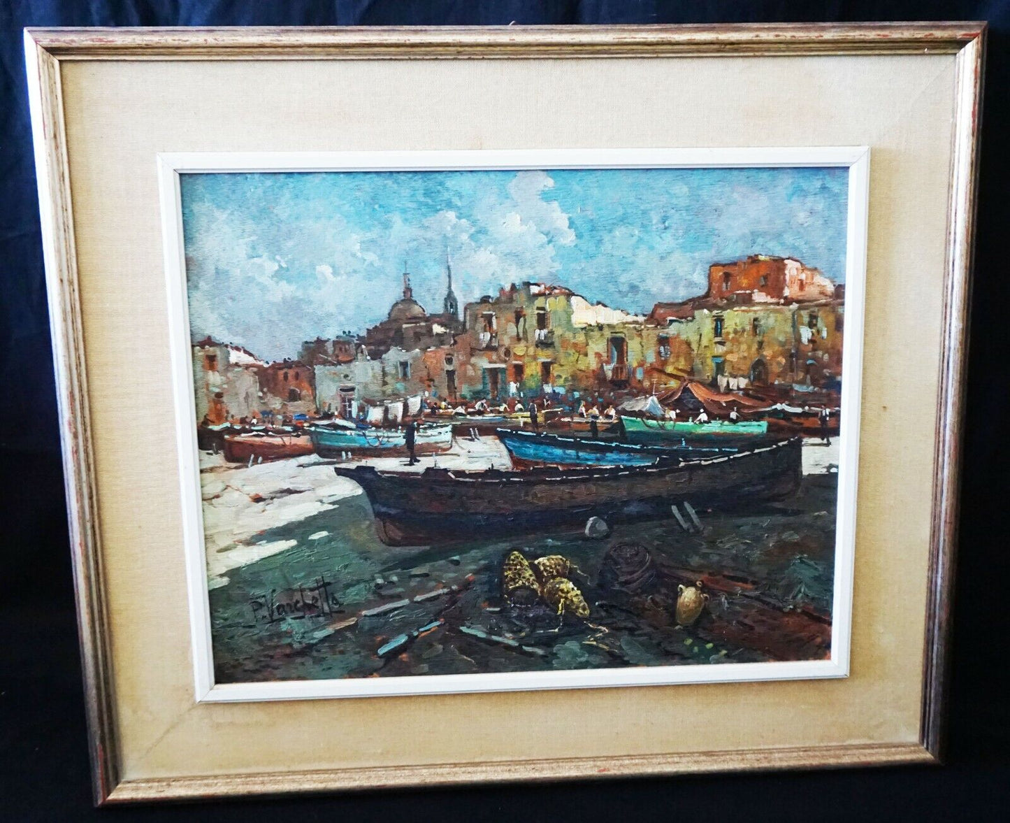 Italian Oil Painting "Fishing Village & Beached Boats" by P. Varchetta (FeO)