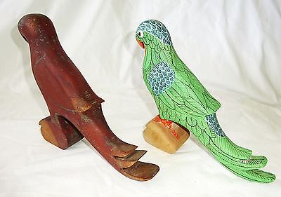 2x 1980s Haitian Wooden Parrot Bird Carvings Sculptures (Stea)