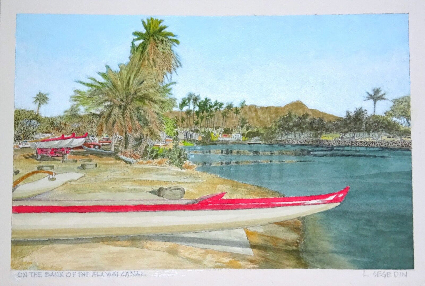 Orig. Hawaii Watercolor Painting "On the Banks of the Ala Wai" by L. Segedin #39