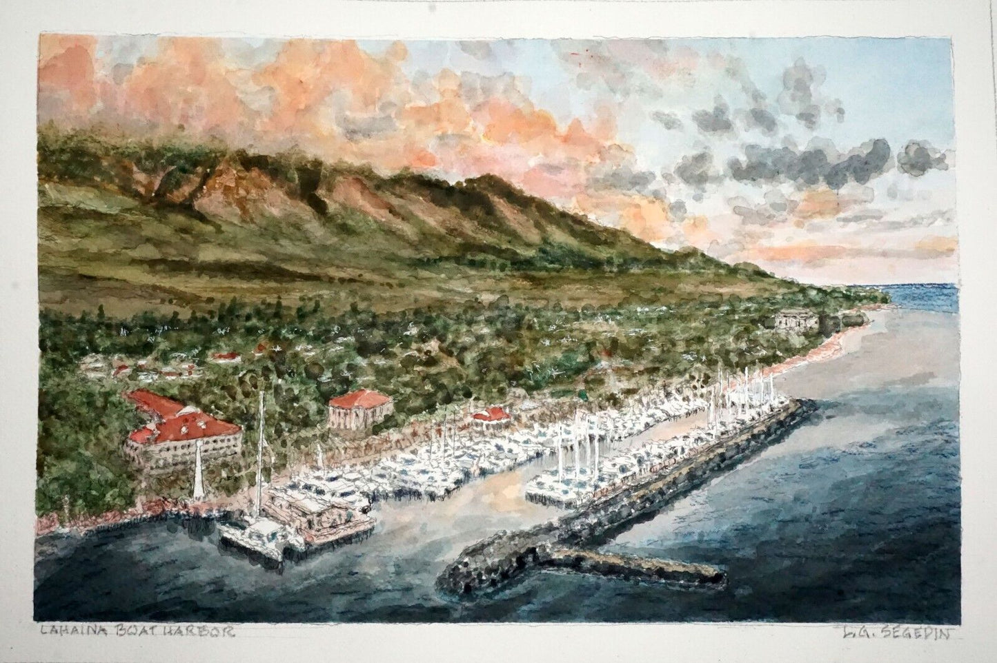 Hawaii Watercolor Painting Lahaina Boat harbor, Maui by Larry Segedin #205