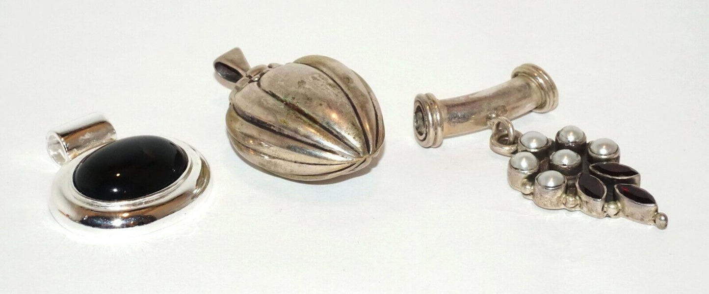 3Pc Vintage Sterling Silver Pendant Lot w. Garnets, Pearls & Onyx (HaL)#16