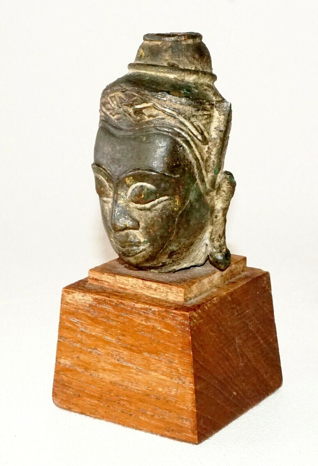 Antique S.E. Asian Mounted Bronze Buddha Head Fragment on Wooden Base (TaE)
