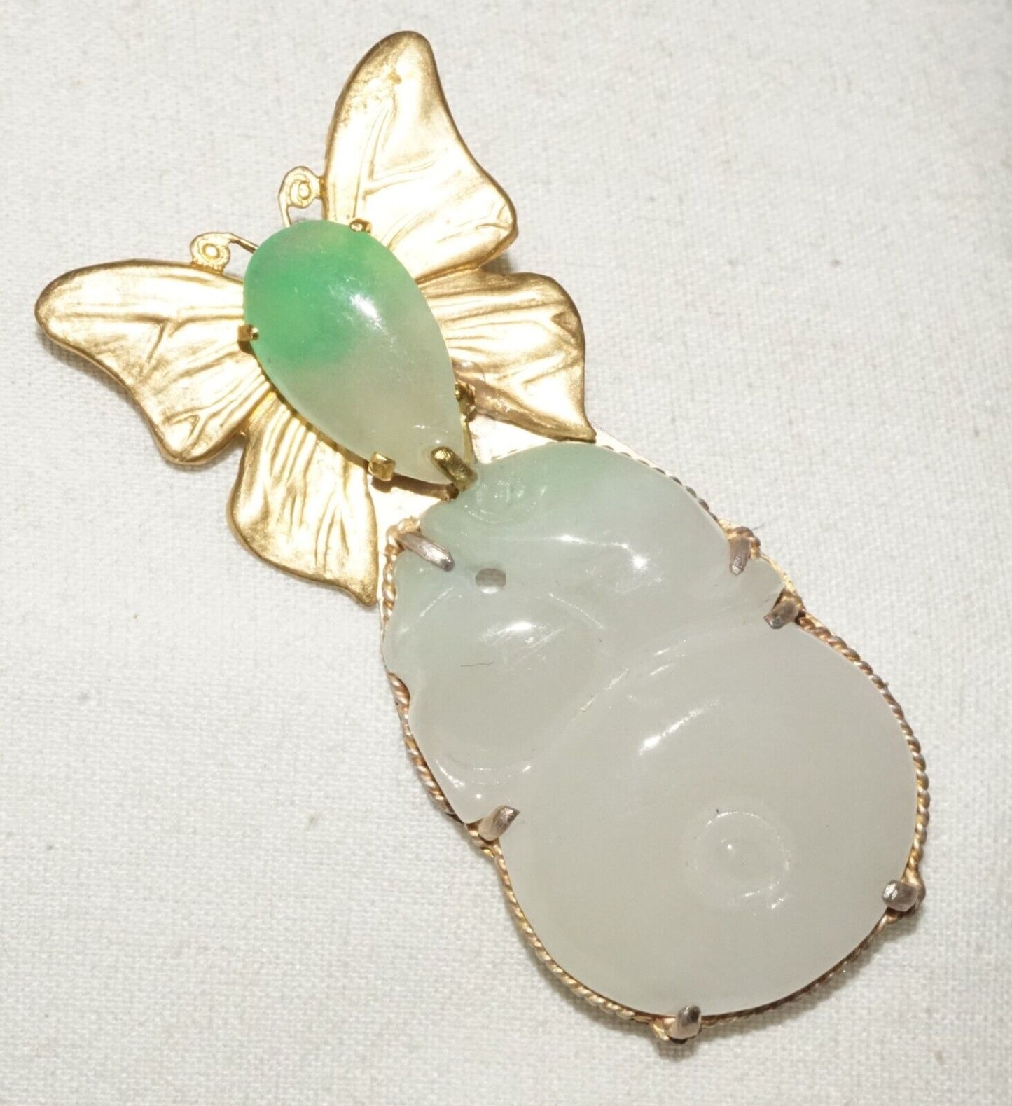 Vintage Chinese Fashion Jadeite Jade Butterfly Motif Brooch Pendant (LeP)
