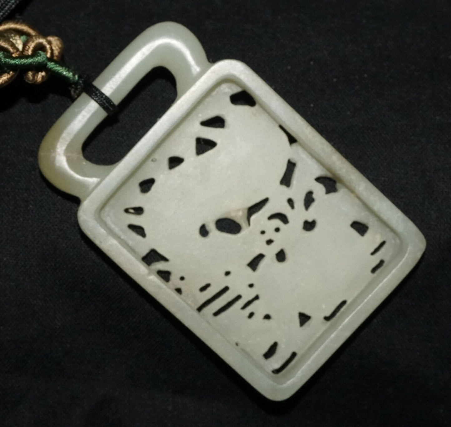 18C Chinese Grey Green Nephrite Jade Pierced Belt Buckle Deer & Bat (LeS)L23