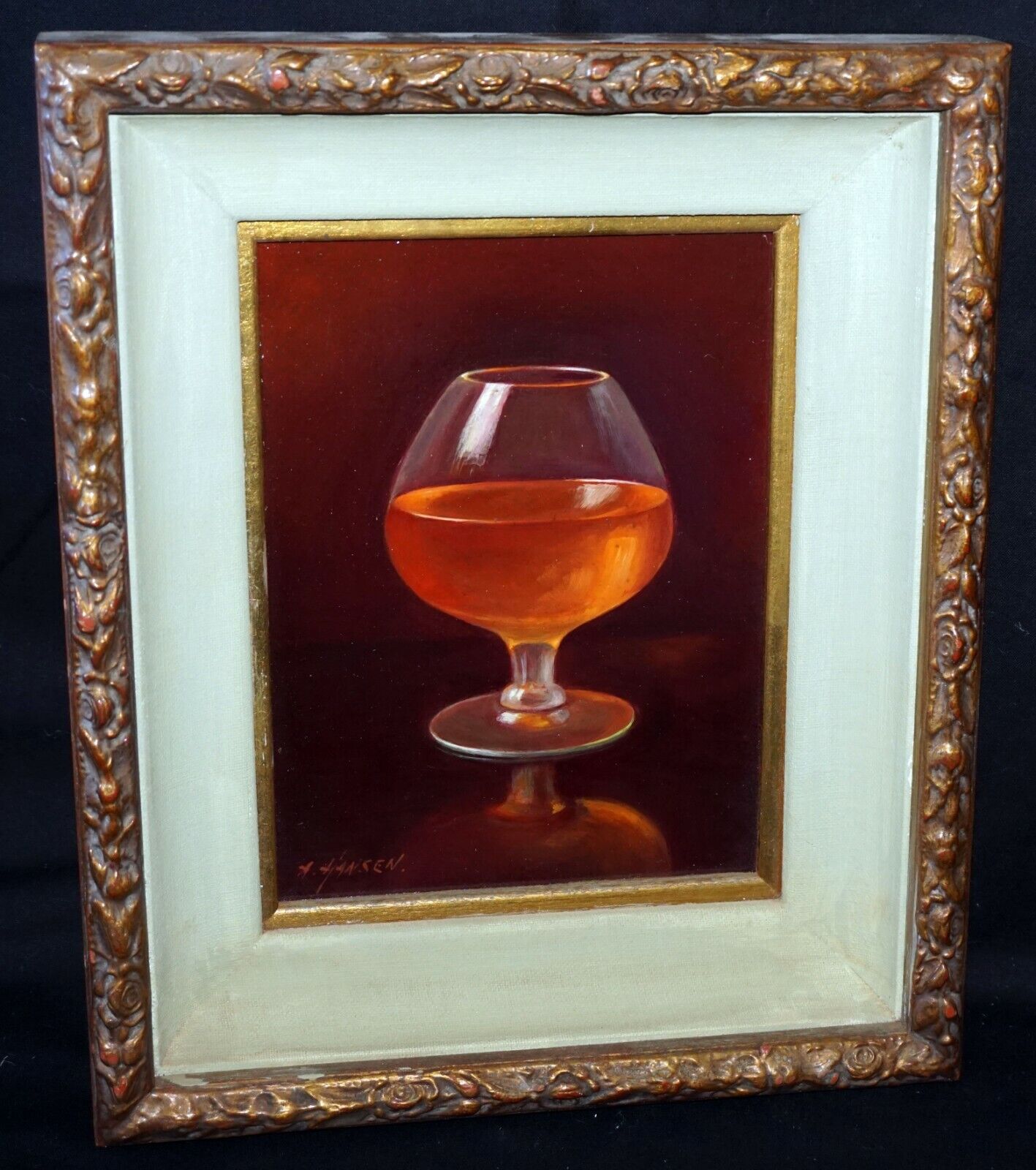 Vintage US Framed Oil Still Life Painting Cognac Sniffer by A. Hansen (FeO)