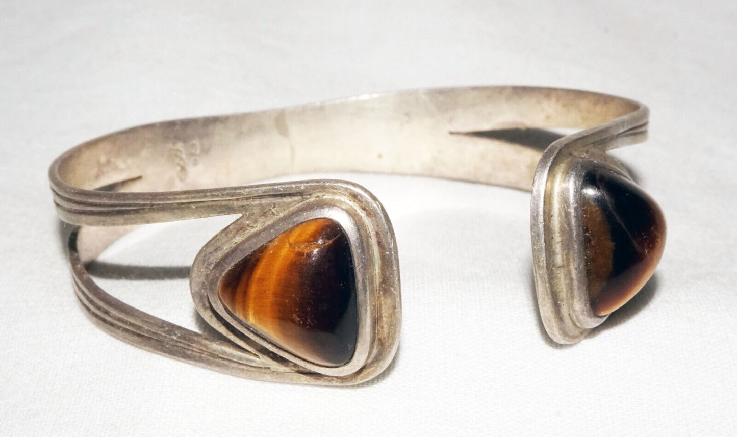 Vintage Swedish Modernist Sterling Silver Cuff Bracelet w. 2x Tigereye (ShI)