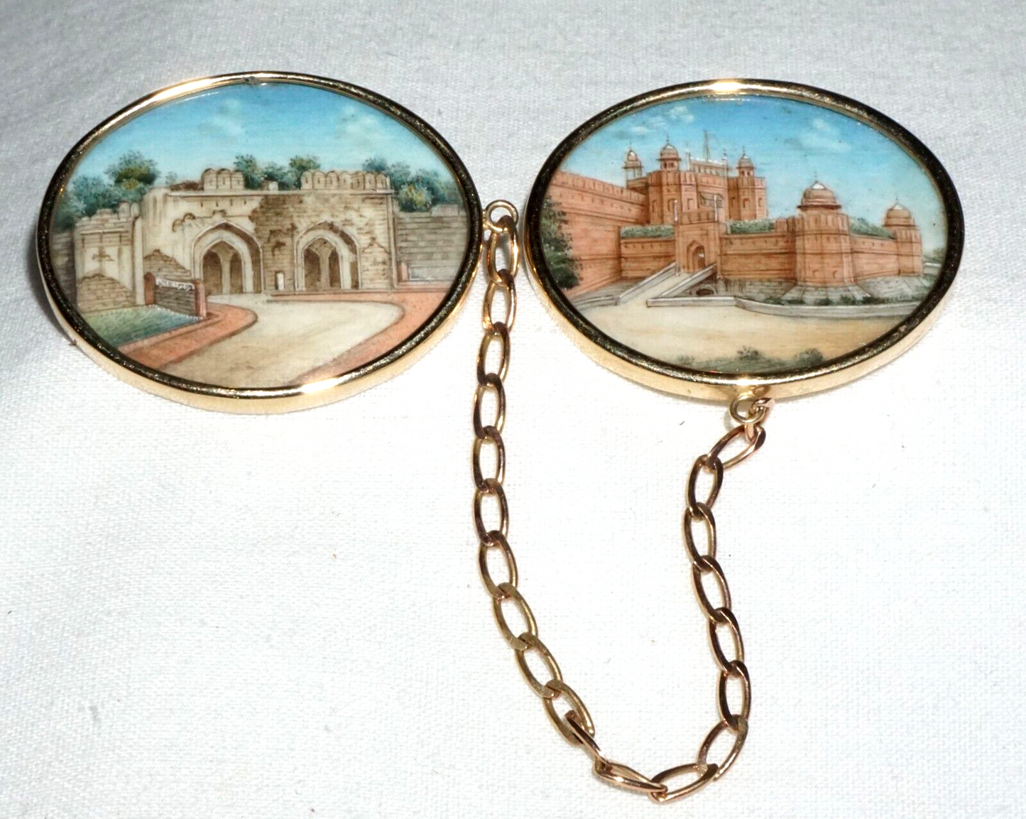 Antique 14k Yellow Gold Oval Painted Plaque w. Castle Motif Double Brooch (GeB)6