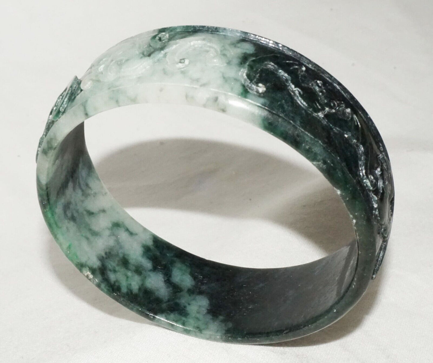 Vintage Chinese White & Green Jadeite Jade Bangle Bracelet Bat & Coin (LeS)L25