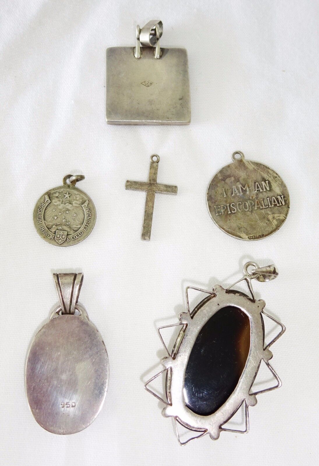 6xPc Sterling Silver Mixed Pendant Lot, Religious Medals, Cross, Gemstone (Mal)
