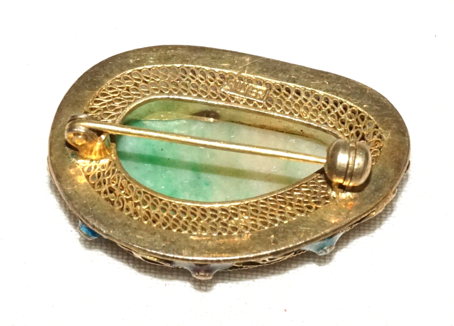 Antique Chinese Silver Filigree & Enamel Brooch set w. Jadeite Jade (InS)#L1-1