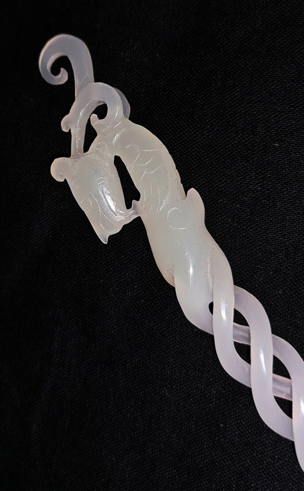 Vintage Chinese Pierced Spiral White Jade Hairpin Extremely Fine Carved (AHB)