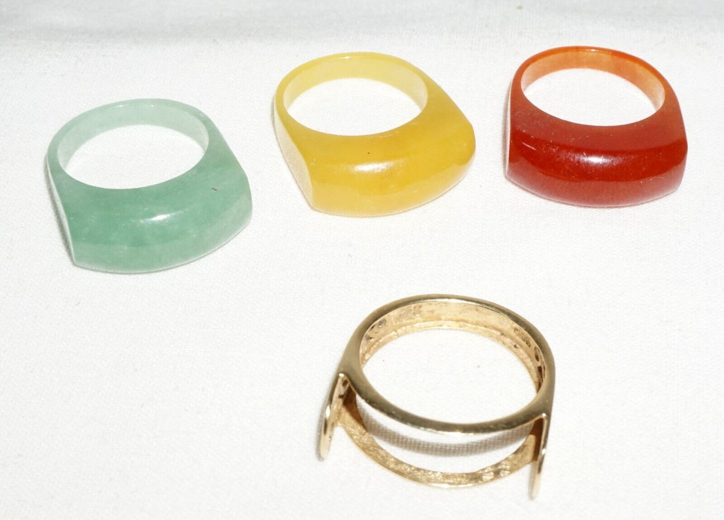 3Pc Chinese 14k Yellow Gold Ring Sz. 8.25 w. 3x Jade Saddle Rings (***)