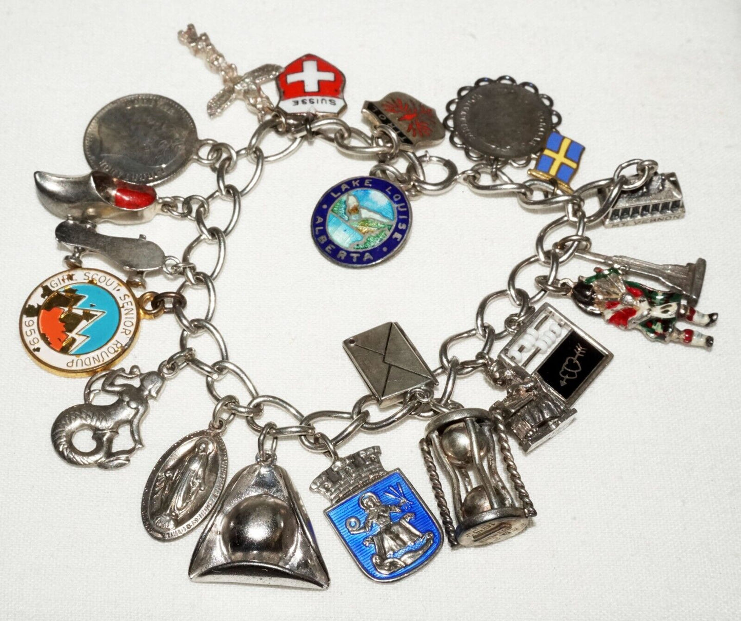 Vintage Sterling Silver 21x World Travel Charms Bracelet incl. Coins etc(KoS) L8